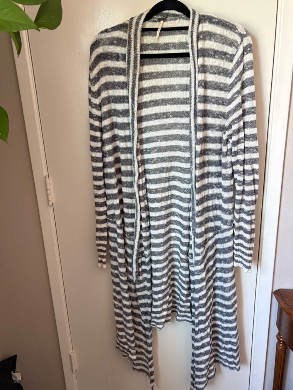 Free People Grey and White Striped Knit Duster Cardigan